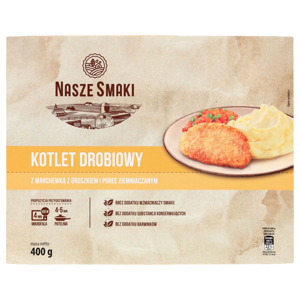 Nasze Smaki Kotlet drobiowy z marchewką z groszkiem i puree ziemniaczanym 400 g. /szt.